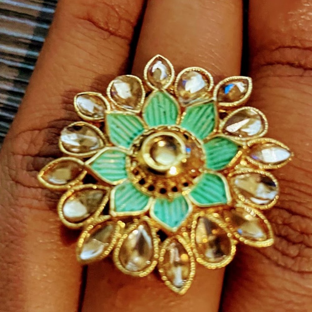 Mint Green Jeweled Flower Gold Ring One Size Fits All🍀